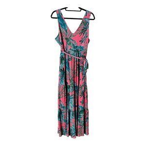 Nicole Miller Sleeveless V Neck Tie Front Tropical Tiered Maxi Dress Size 10
